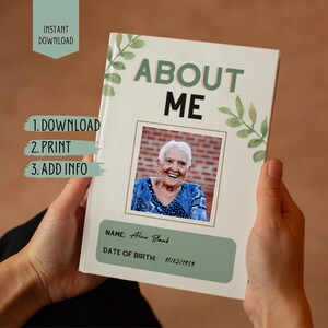 May include: A printable "About Me" book template with a green floral design. The template includes a space for a photo, name, and date of birth. The text "About Me" is in large, bold letters.