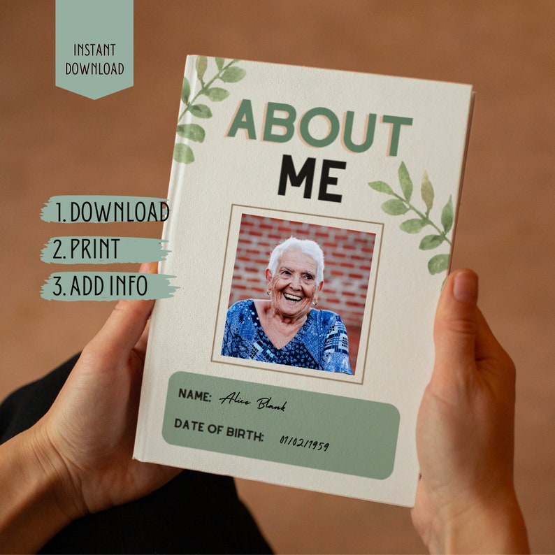 May include: A printable "About Me" book template with a green floral design. The template includes a space for a photo, name, and date of birth. The text "About Me" is in large, bold letters.