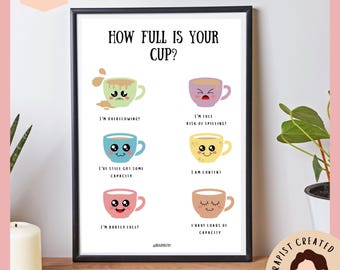 May include: A framed wall art print titled How Full Is Your Cup? featuring six colorful cartoon mugs with different facial expressions and text labels describing emotional capacity levels, ranging from overflowing to having loads of capacity.