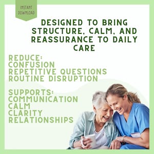 Pu&ograve; includere: Un grafico digitale che mostra una persona anziana e un assistente che sorridono insieme. Il testo recita: DESIGNED TO BRING STRUCTURE, CALM, AND REASSURANCE TO DAILY CARE. REDUCE: CONFUSION, REPETITIVE QUESTIONS, ROUTINE DISRUPTION. SUPPORTS: COMMUNICATION, CALM, CLARITY, RELATIONSHIPS.