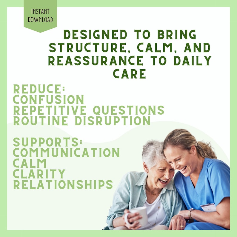 Pu&ograve; includere: Un grafico digitale che mostra una persona anziana e un assistente che sorridono insieme. Il testo recita: DESIGNED TO BRING STRUCTURE, CALM, AND REASSURANCE TO DAILY CARE. REDUCE: CONFUSION, REPETITIVE QUESTIONS, ROUTINE DISRUPTION. SUPPORTS: COMMUNICATION, CALM, CLARITY, RELATIONSHIPS.