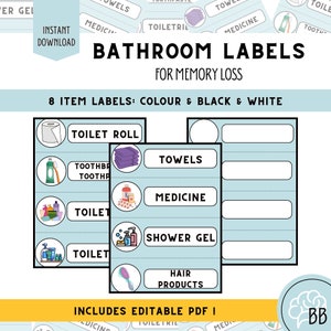 Bathroom picture labels, Large print reusable dementia home safety signs, Daily living aid for dementia, Door Cabinet labels for memory loss