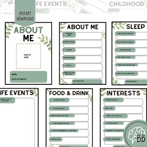 May include: Printable 'About Me' journal pages with green foliage illustrations. The pages include sections for personal information, childhood, sleep, food and drink, life events, and interests.