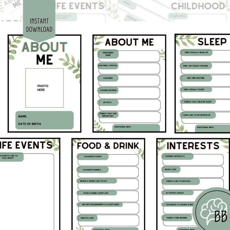 May include: Printable 'About Me' journal pages with green foliage illustrations. The pages include sections for personal information, childhood, sleep, food and drink, life events, and interests.
