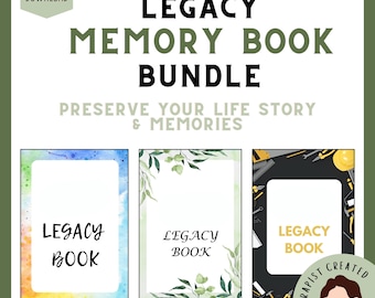 May include: A digital bundle of three legacy memory book templates with the text Legacy Memory Book Bundle and Preserve Your Life Story & Memories. The first has a watercolor border, the second a green leaf border, and the third a tool pattern.