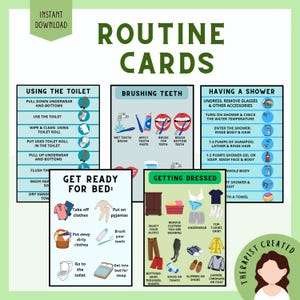Pu&ograve; includere: Un set di cinque schede di routine educative con testo e illustrazioni per attivit&agrave; quotidiane come andare in bagno, lavarsi i denti, fare la doccia, prepararsi per andare a letto e vestirsi, complete di icone chiare e istruzioni.