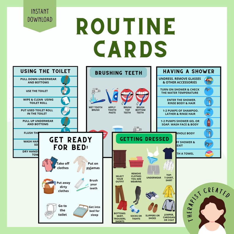 Pu&ograve; includere: Un set di cinque schede di routine educative con testo e illustrazioni per attivit&agrave; quotidiane come andare in bagno, lavarsi i denti, fare la doccia, prepararsi per andare a letto e vestirsi, complete di icone chiare e istruzioni.