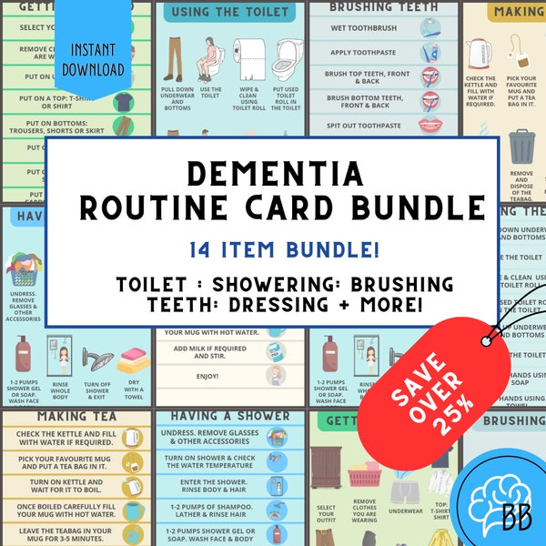 Dementia Routine Cards Set - Memory Loss Bundle for Shower, Toilet, Dressing and more - Hospital & Alzheimer's Signs Included