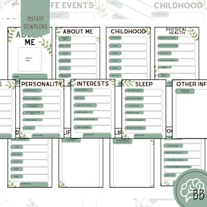 May include: A printable worksheet with a green leafy border and headings for "About Me", "Childhood", "Physical Health", "Personality", "Interests", "Sleep", and "Other Information".