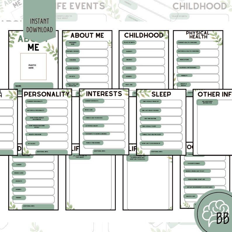 May include: A printable worksheet with a green leafy border and headings for "About Me", "Childhood", "Physical Health", "Personality", "Interests", "Sleep", and "Other Information".