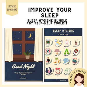 Può includere: Un pacchetto digitale per l'igiene del sonno e un kit di auto-aiuto CBT con il testo IMPROVE YOUR SLEEP. La grafica include una scena di finestra notturna con una luna crescente e una tabella di consigli rapidi sull'igiene del sonno.