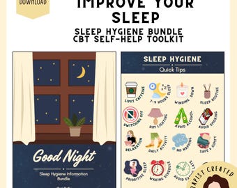May include: A digital sleep hygiene bundle and CBT self-help toolkit featuring the text IMPROVE YOUR SLEEP. The graphic includes a night window scene with a crescent moon and a Sleep Hygiene Quick Tips chart with icons for daily habits.