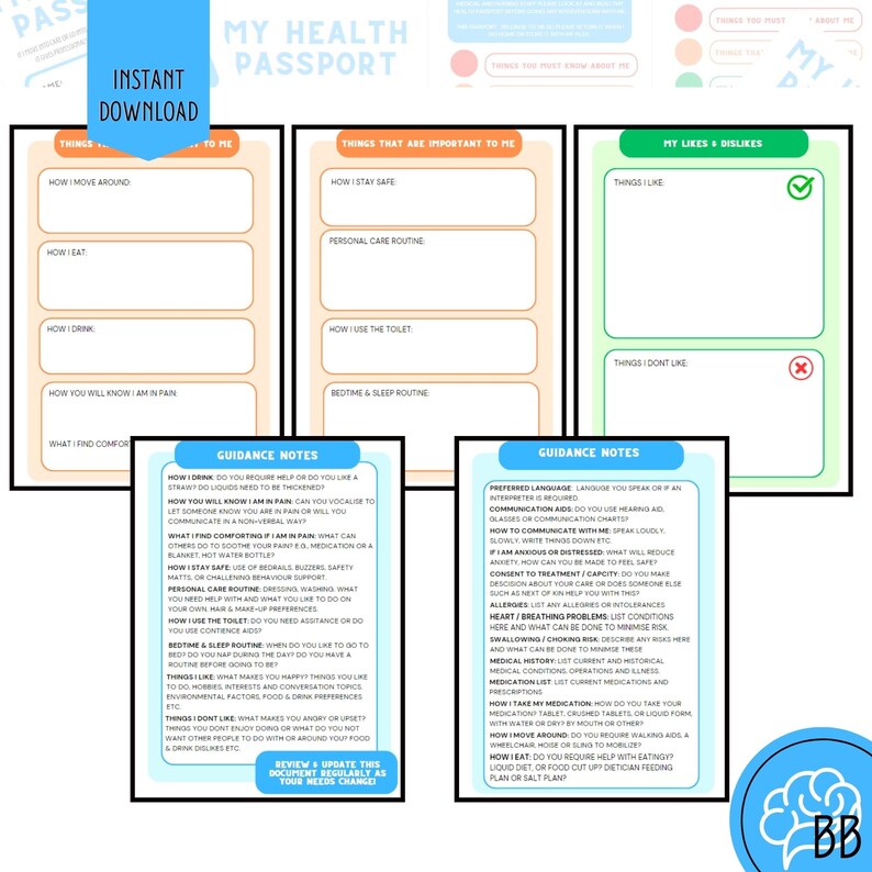 Hospital Essentials Health Passport Printable Digital Fillable Health 