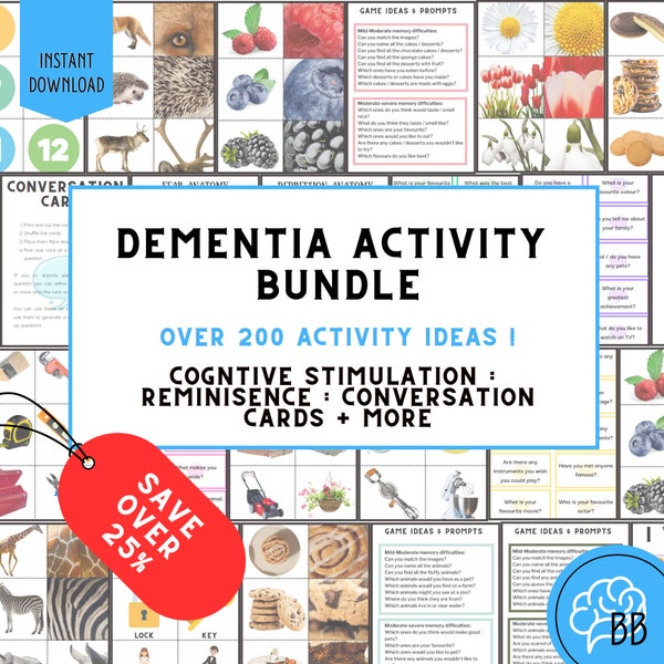 Über 200 Demenz-Aktivität-Ideen bündeln, Gesprächskarten, Aktivitätskarten, Memory-Spiele, Karteikarten, Gedächtnisverlusthilfe, Pflegebedarf