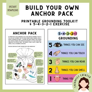 May include: A printable grounding toolkit with an "Anchor Pack" concept, featuring a list of items and a 5-4-3-2-1 grounding exercise. The toolkit includes text and illustrations to help manage anxiety and promote mindfulness. The design is in shades of green, white, and pink.
