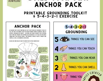 May include: A printable grounding toolkit with an "Anchor Pack" concept, featuring a list of items and a 5-4-3-2-1 grounding exercise. The toolkit includes text and illustrations to help manage anxiety and promote mindfulness. The design is in shades of green, white, and pink.
