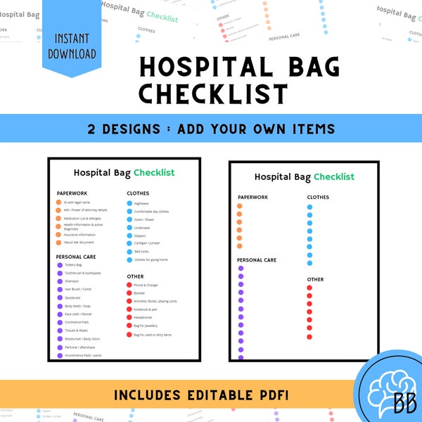 Hospital Bag Packing List, New Mom Must-Haves Checklist, Printable Editable Hospital Prep