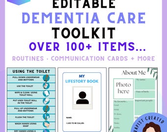 Pode incluir: Um kit de ferramentas editável para cuidados com demência, com mais de 100 itens, incluindo rotinas e cartões de comunicação. O documento exibe um guia de uso do banheiro, um modelo de livro de vida e um formulário de informações.