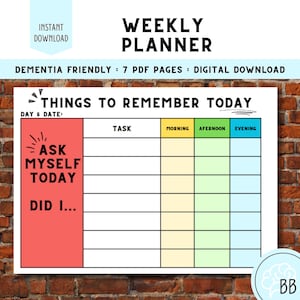 Puede incluir: Un planificador semanal imprimible con el texto "WEEKLY PLANNER" y "THINGS TO REMEMBER TODAY". El planificador incluye secciones para tareas, mañana, tarde y noche. El diseño es apto para personas con demencia y está disponible como descarga digital.