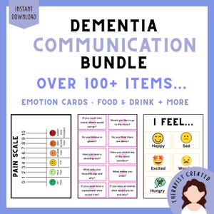 Op de afbeelding: Een dementie-communicatiebundel met meer dan 100 items, waaronder emotiekaarten en iconen voor eten en drinken. De afbeelding toont een pijnschaal van 0 tot 10, een set gesprekskaarten met vragen en een I FEEL-overzichtskaart voor emoties.