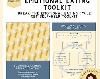May include: An Emotional Eating Toolkit digital document featuring the text Emotional Eating Toolkit, Break the Emotional Eating Cycle CBT Self-Help Toolkit, and a diagram titled Emotional Eating: The Cycle with sections for situation, feelings, thoughts, and behavior.