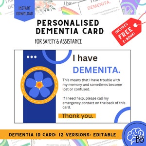 I Have Dementia Gepersonaliseerde identiteitskaart en contactkaart voor noodgevallen, afdrukbare pdf voor de ziekte van Alzheimer, Lewy-body-dementie, geheugenverlies
