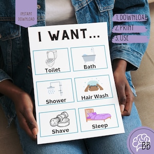 Puede incluir: Un gr&aacute;fico de comunicaci&oacute;n visual imprimible con el texto "I WANT..." y seis iconos que representan actividades cotidianas comunes: inodoro, ba&ntilde;o, ducha, lavado de cabello, afeitado y dormir. El gr&aacute;fico tambi&eacute;n incluye instrucciones para descargar, imprimir y usar el gr&aacute;fico.