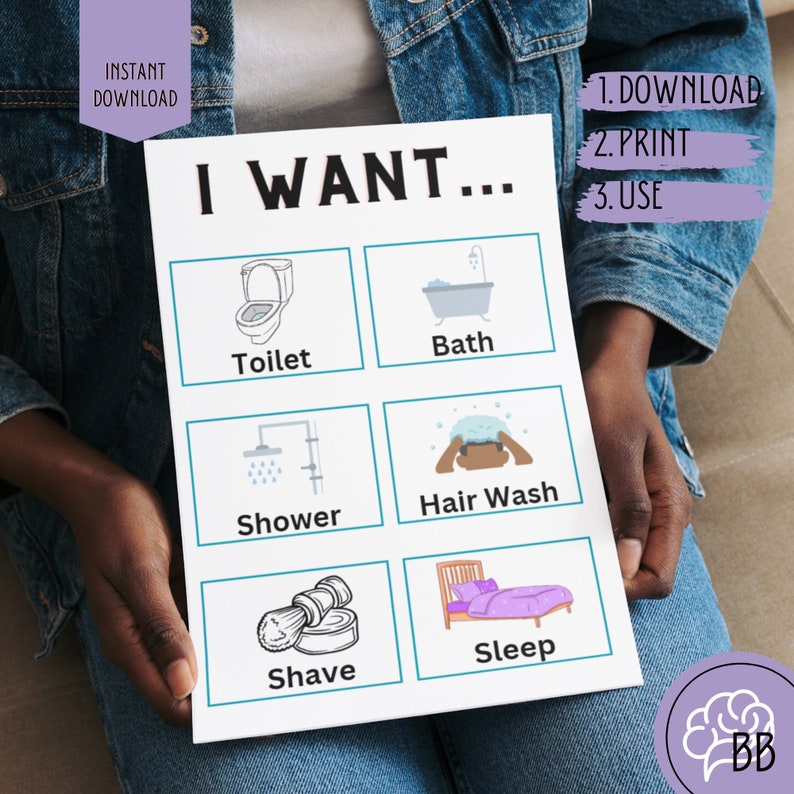 Puede incluir: Un gr&aacute;fico de comunicaci&oacute;n visual imprimible con el texto "I WANT..." y seis iconos que representan actividades cotidianas comunes: inodoro, ba&ntilde;o, ducha, lavado de cabello, afeitado y dormir. El gr&aacute;fico tambi&eacute;n incluye instrucciones para descargar, imprimir y usar el gr&aacute;fico.