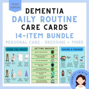 Puede incluir: Un paquete de 14 tarjetas de rutina diaria para demencia con texto instructivo e ilustraciones para usar el inodoro, vestirse y ducharse. Las tarjetas incluyen guías visuales paso a paso para tareas de cuidado personal.