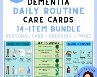 Pode incluir: Um conjunto de 14 cartões de rotina diária para demência com texto instrutivo e ilustrações para usar o banheiro, vestir-se e tomar banho. Os cartões incluem guias visuais passo a passo para tarefas de cuidados pessoais.
