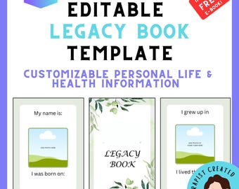 May include: An editable legacy book template featuring three pages with green leaf borders. The text reads Editable Legacy Book Template, Customizable Personal Life & Health Information, My name is, I was born on, Legacy Book, and I grew up in.