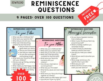 May include: A set of printable conversation starter cards for families. The cards are divided into three categories: For Your Father, For Your Mother, and Meaningful Conversation. Each card features a pink and blue background with white text and a floral design. The cards are designed to help families connect and share memories.