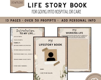 May include: A printable life story book for going into hospital or care. The book has 13 pages and over 50 prompts to help people tell their life story. The cover of the book is beige with a brown border and a photo frame with a person's silhouette in it. The title of the book is "My Life Story Book" and the subtitle is "For Going Into Hospital or Care".