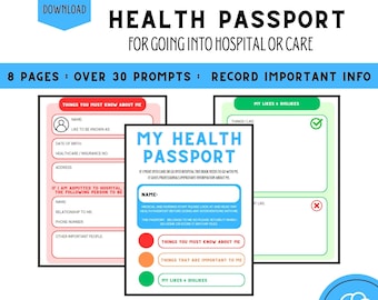 Health passport hospital essentials, printable medication health wellbeing diary, digital fillable health information, hospital safety plan