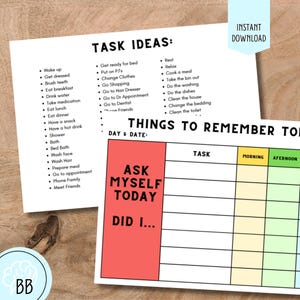 Op de afbeelding: Een afdrukbare takenlijst en dagplanner met de tekst "Taakidee&euml;n" en "Dingen om vandaag te onthouden". De planner bevat secties voor ochtend- en middagtaken, met een rood vak met de tekst "Vraag mezelf vandaag, deed ik..." en een blauwe cirkel met de letters "BB".