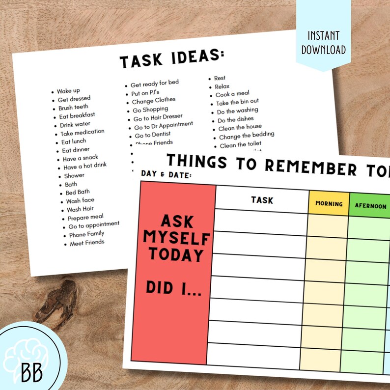 Op de afbeelding: Een afdrukbare takenlijst en dagplanner met de tekst "Taakidee&euml;n" en "Dingen om vandaag te onthouden". De planner bevat secties voor ochtend- en middagtaken, met een rood vak met de tekst "Vraag mezelf vandaag, deed ik..." en een blauwe cirkel met de letters "BB".