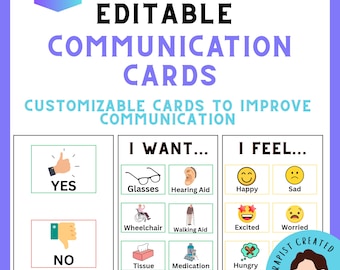May include: Editable communication cards featuring text and icons. Sections include Yes and No, I Want with glasses, hearing aid, wheelchair, walking aid, tissue, and medication, and I Feel with happy, sad, excited, worried, and hungry emojis.