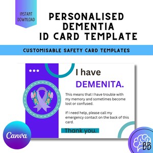 Tengo demencia, plantilla de tarjeta de identificación editable, plantilla de tarjeta de contacto de emergencia, PDF imprimible, tarjeta médica, enfermedad de Alzheimer