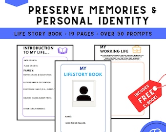 May include: A life story book with the title "My Lifestory Book" and the text "Preserve Memories & Personal Identity." The book includes prompts for recording personal information and memories. The image also includes a red tag that says "Includes Free E-Book!"