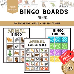 May include: A set of printable animal bingo boards with calling cards, bingo tokens, and a free e-book. The boards feature images of various animals, including a lion, elephant, cat, bear, snake, turtle, rabbit, sheep, owl, hedgehog, starfish, duck, zebra, squirrel, and crab.