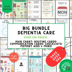 Meer dan 100 pagina's dementiezorgbundel: communicatiehulpmiddelen, routinekaarten, flashcards - Geheugenondersteuning en verpleegkundige benodigdheden - Ziekenhuishulpmiddelen