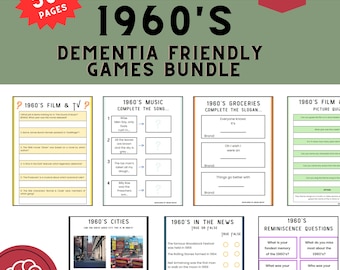 May include: A bundle of dementia-friendly games from the 1960s, featuring quizzes and activities. The design includes a red starburst with "50+ PAGES" and a green banner with "INSTANT DOWNLOAD". The games cover film, music, groceries, and more.