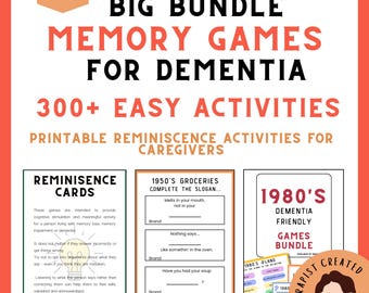 May include: A digital bundle of printable memory games for dementia featuring over 300 activities. The text includes BIG BUNDLE MEMORY GAMES FOR DEMENTIA, 300+ EASY ACTIVITIES, and PRINTABLE REMINISCENCE ACTIVITIES FOR CAREGIVERS, with sample cards.
