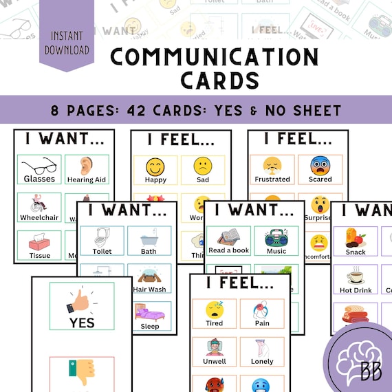 Dementia Communication Chart Cards - Printable Flashcards for Aphasia, Nursing Supplies and Speech Therapy