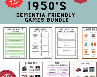 May include: A printable set of 1950's themed games for dementia patients. The games include a film and TV picture quiz, a music quiz, a grocery slogan quiz, a price guessing game, a famous faces quiz, a reminiscence questions game, and a car identification game. The games are designed to be dementia friendly and engaging.