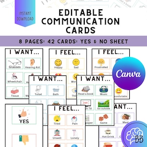 May include: Editable communication cards with the text "I WANT..." and "I FEEL..." with images of glasses, hearing aids, happy faces, sad faces, and more. The cards are designed for instant download.