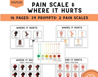 May include: A printable pain scale and body map for children. The pain scale is numbered 0 to 10 with corresponding smiley faces. The body map shows different areas of the body where pain can be felt. The text on the page reads "Pain Scale & Where It Hurts" and "16 Pages: 39 Prompts: 2 Pain Scales".