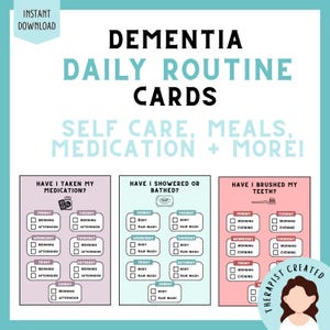 Può includere: Schede di routine quotidiana per la demenza con tre liste di controllo per farmaci, igiene e cura dei denti. Ogni scheda include i giorni della settimana con caselle di controllo per le attività del mattino, pomeriggio o sera.