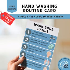 Op de afbeelding: Een handwasroutinekaart met een 5-stappen gids. De kaart bevat instructies: kraan aanzetten, handen nat maken, zeep toevoegen, handen 20 seconden wrijven, afspoelen en drogen. De kaart heeft de tekst "Instant Download".