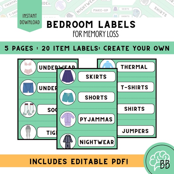 Bedroom picture labels for dementia, Large print reusable home safety signs, Daily living aid for dementia, Memory loss door Cabinet labels